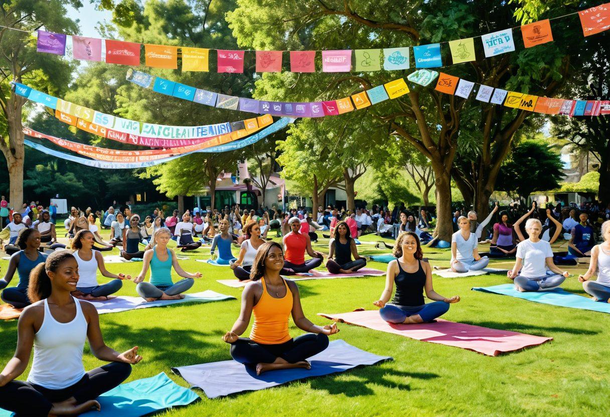 A vibrant community gathering in a sunny park, showcasing diverse individuals sharing smiles and engaging in wellness activities like yoga, gardening, and meditation. Lush greenery surrounds them, with banners promoting happiness and wellness hanging in the background. The scene conveys a sense of unity, joy, and positivity. bright colors. super-realistic.