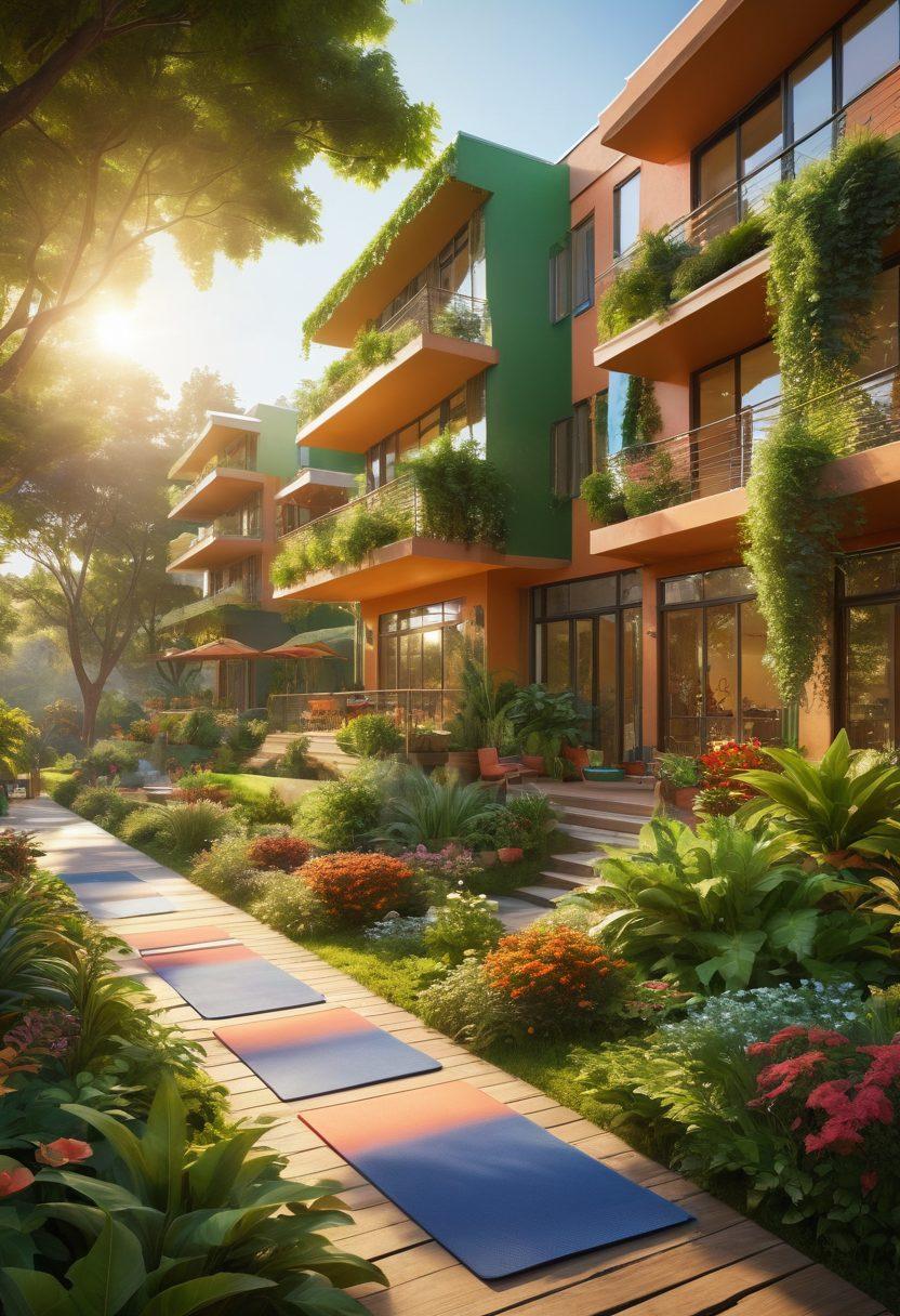 A serene residential community filled with lush greenery and diverse people engaging in wellness activities like yoga, gardening, and communal meals. The scene captures warm sunlight streaming through trees, boosting a sense of harmony and connection. Incorporate colorful healthy snacks and wellness tools to symbolize thriving lifestyles. The architecture should be modern yet inviting, fostering a sense of community. vibrant colors. super-realistic.