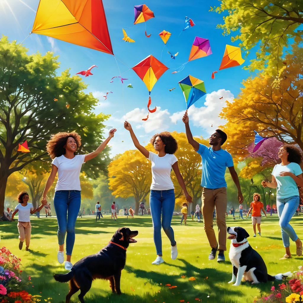 A serene scene showcasing a diverse group of individuals engaging in uplifting activities, sharing laughter and positive energy in a sunlit park. Incorporate warmly colored flowers, playful pets, and vibrant kites flying in the sky, symbolizing joy and connection. Infuse the image with soft, glowing light to evoke feelings of warmth and happiness. super-realistic. vibrant colors. sunny background.